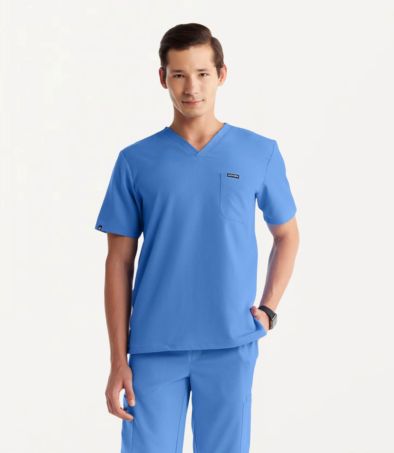 Men Ceil Blue 11 Pocket Scrubs Stretch Fabric Util Tech Front Focus