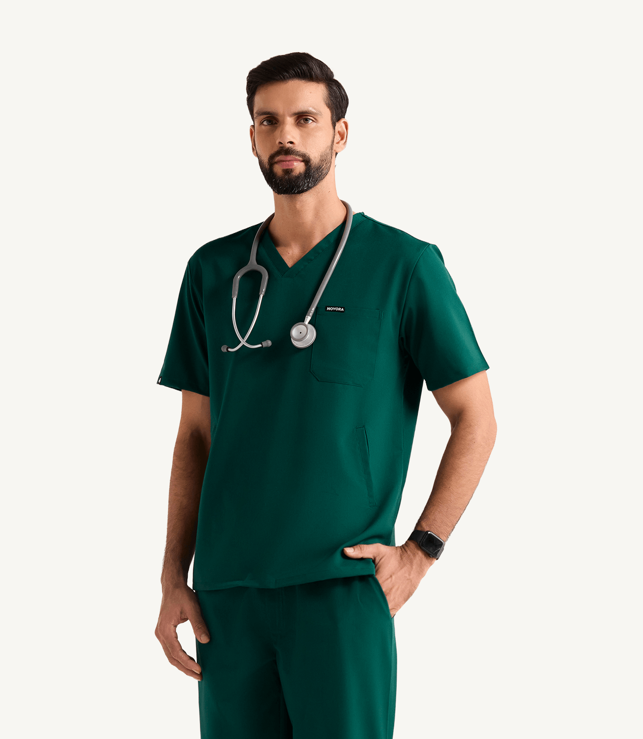 Men Hunter Green 5 Pocket Scrubs Stretch Fabric Technical Front Focus