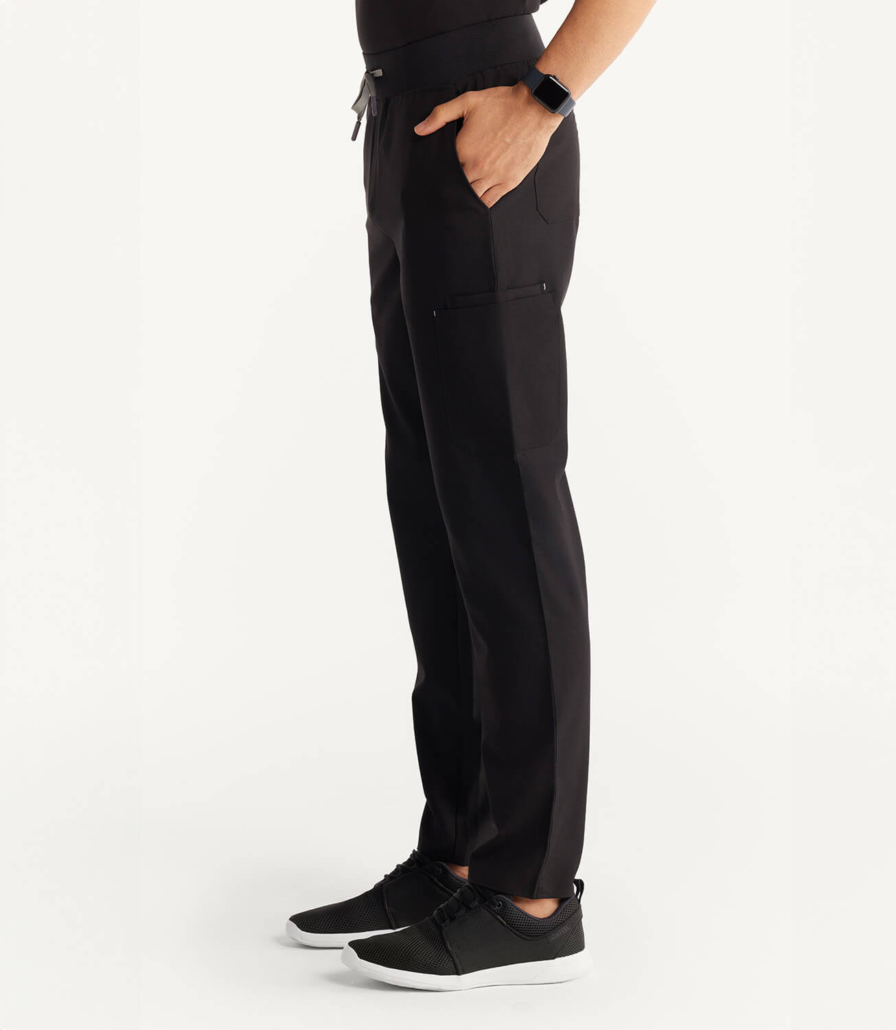 Men Midnight Black 11 Pocket Scrubs Stretch Fabric Eco Tech Bottom Left Leg Focus