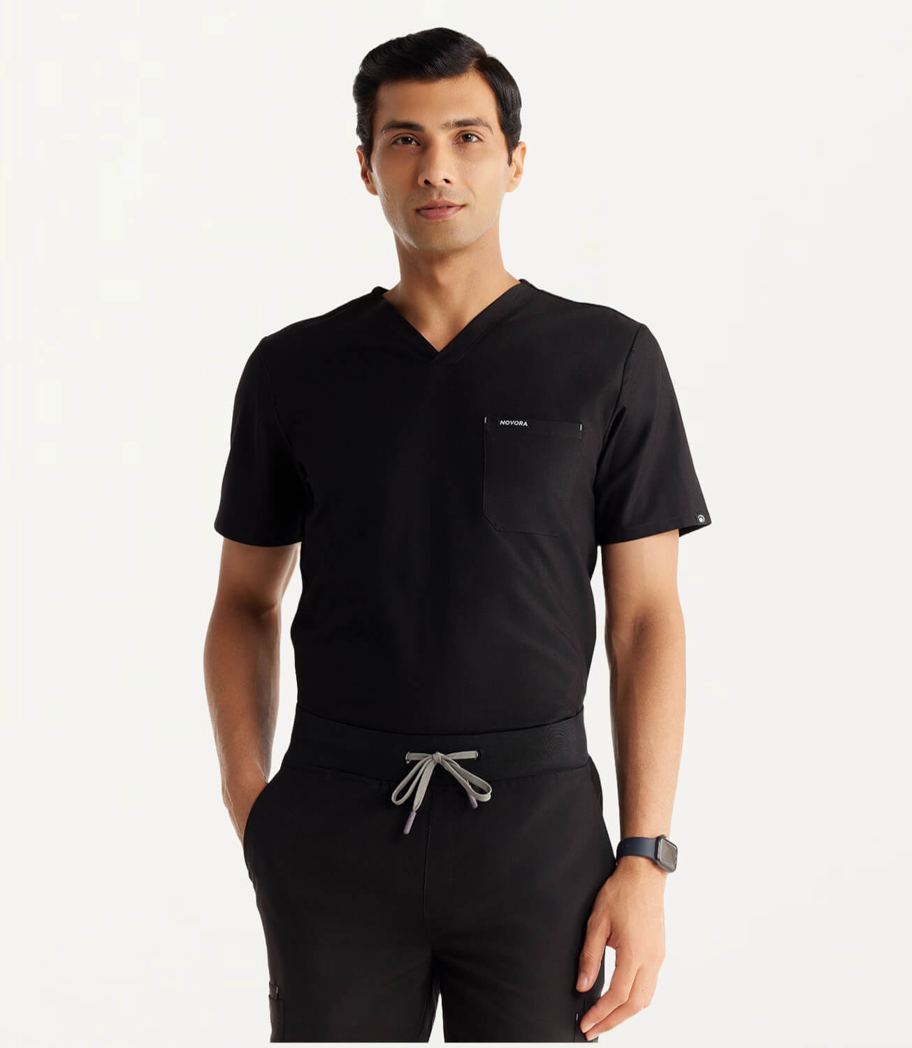 Men Midnight Black 11 Pocket Scrubs Stretch Fabric Eco Tech Front Focus