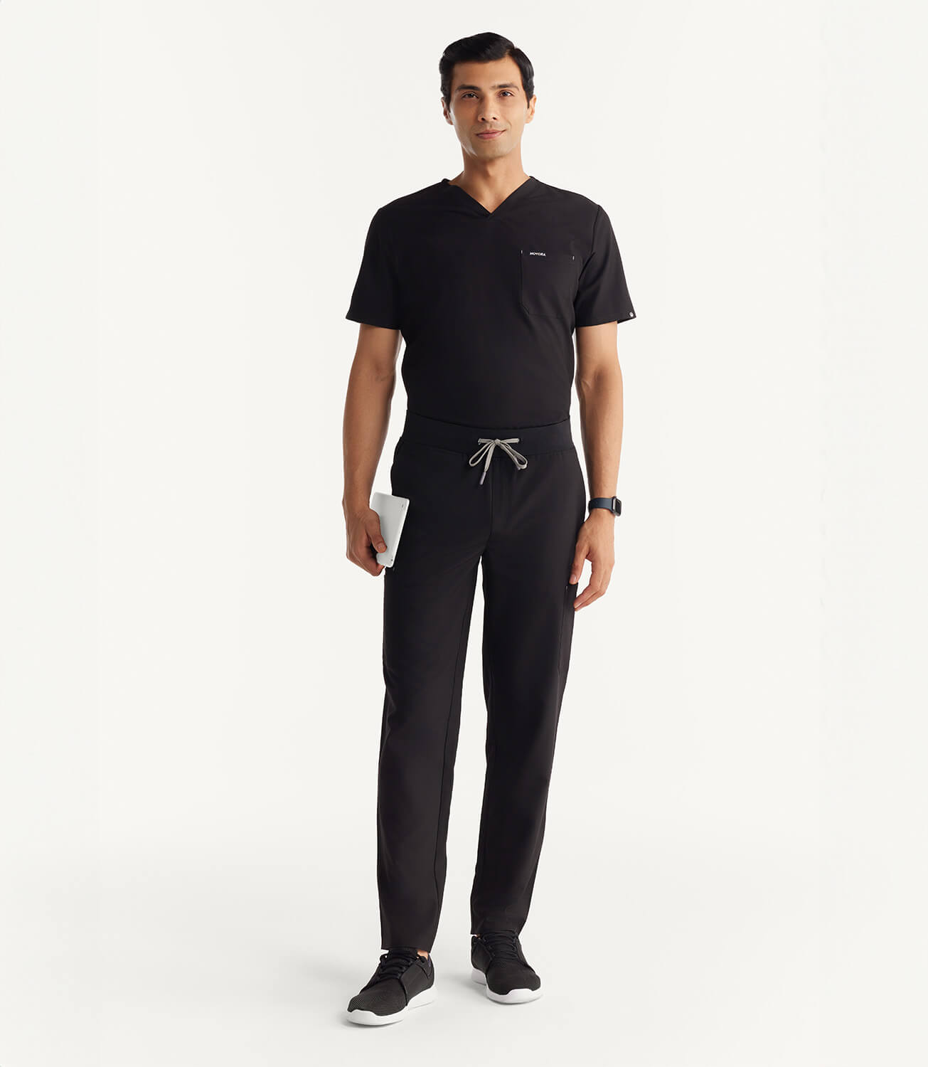 Men Midnight Black 11 Pocket Scrubs Stretch Fabric Eco Tech Full Front