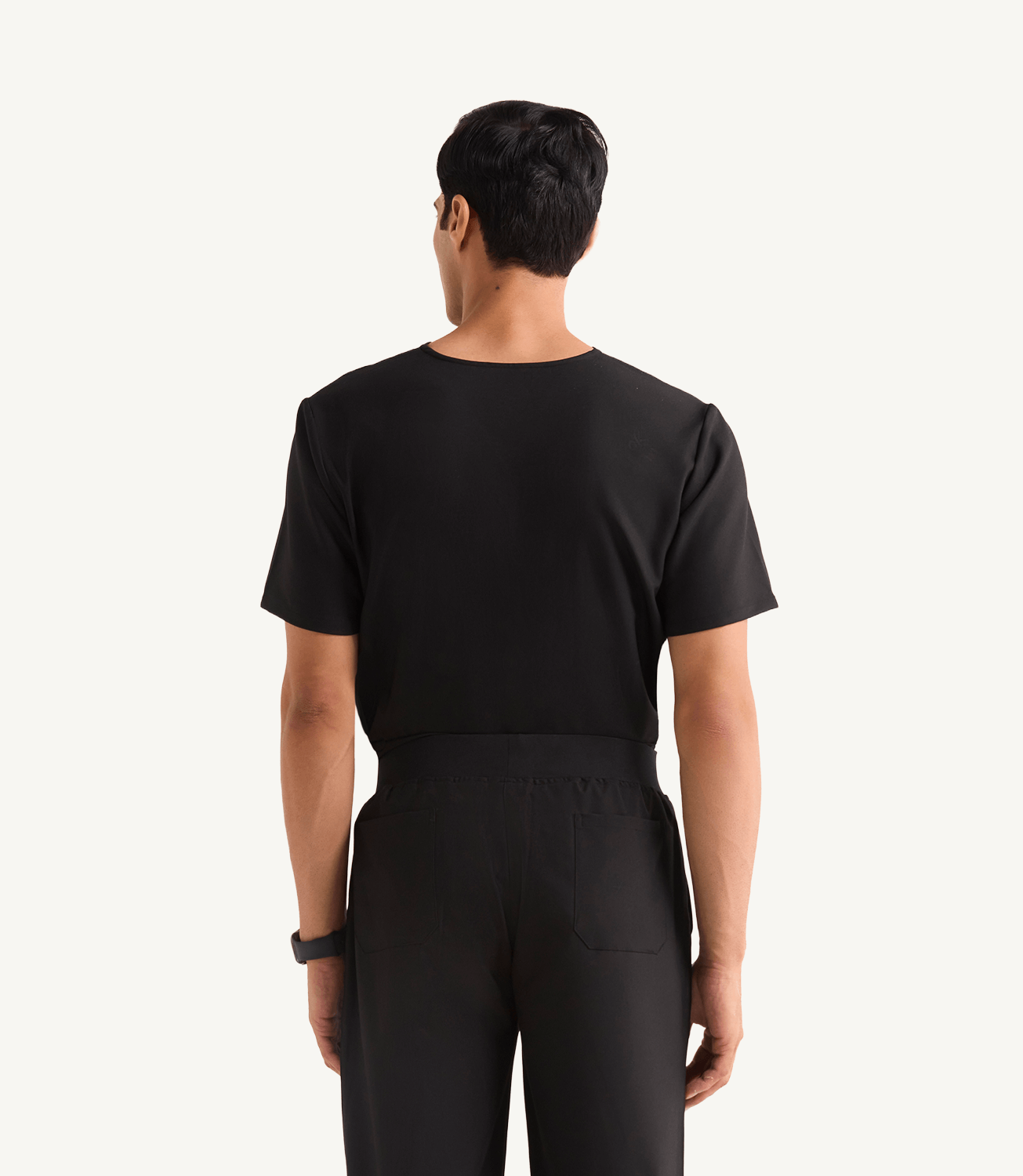 Men Midnight Black 5 Pocket Scrubs Stretch Fabric Eco Tech Tuck In Back Focus