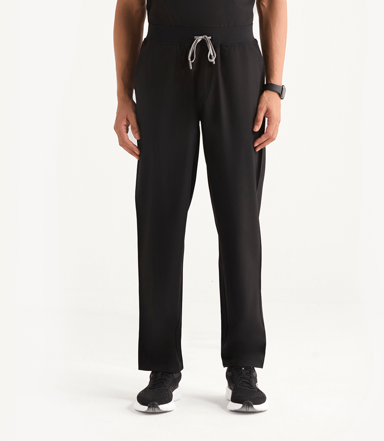 Men Midnight Black 5 Pocket Scrubs Stretch Fabric Eco Tech Tuck In Bottom Focus