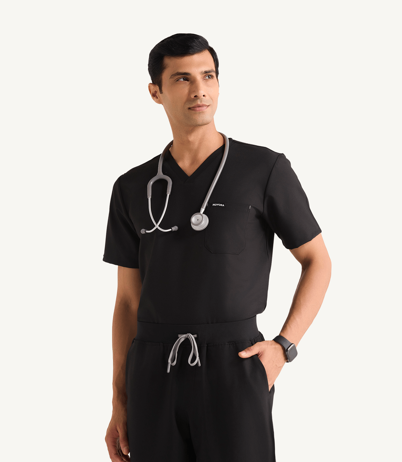 Men Midnight Black 5 Pocket Scrubs Stretch Fabric Eco Tech Tuck In Front Focus