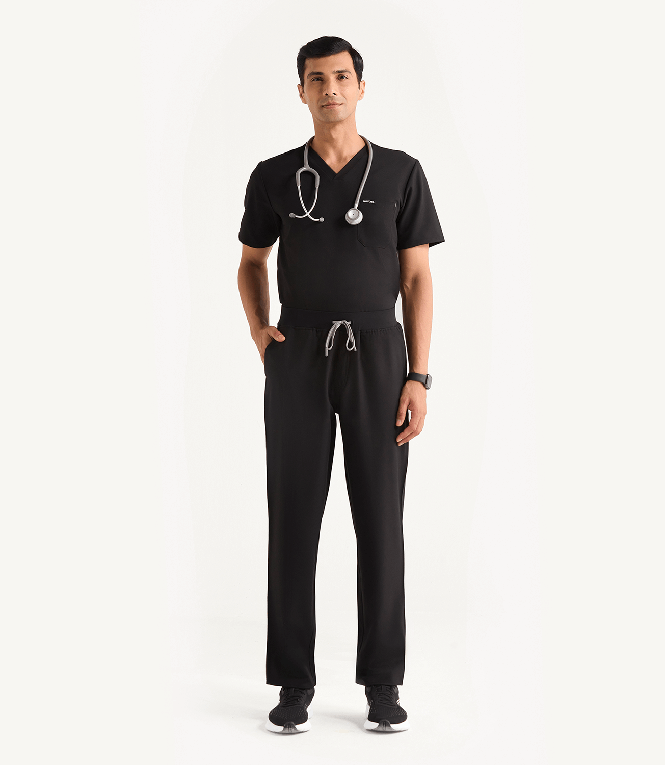 Men Midnight Black 5 Pocket Scrubs Stretch Fabric Eco Tech Tuck In Full Front