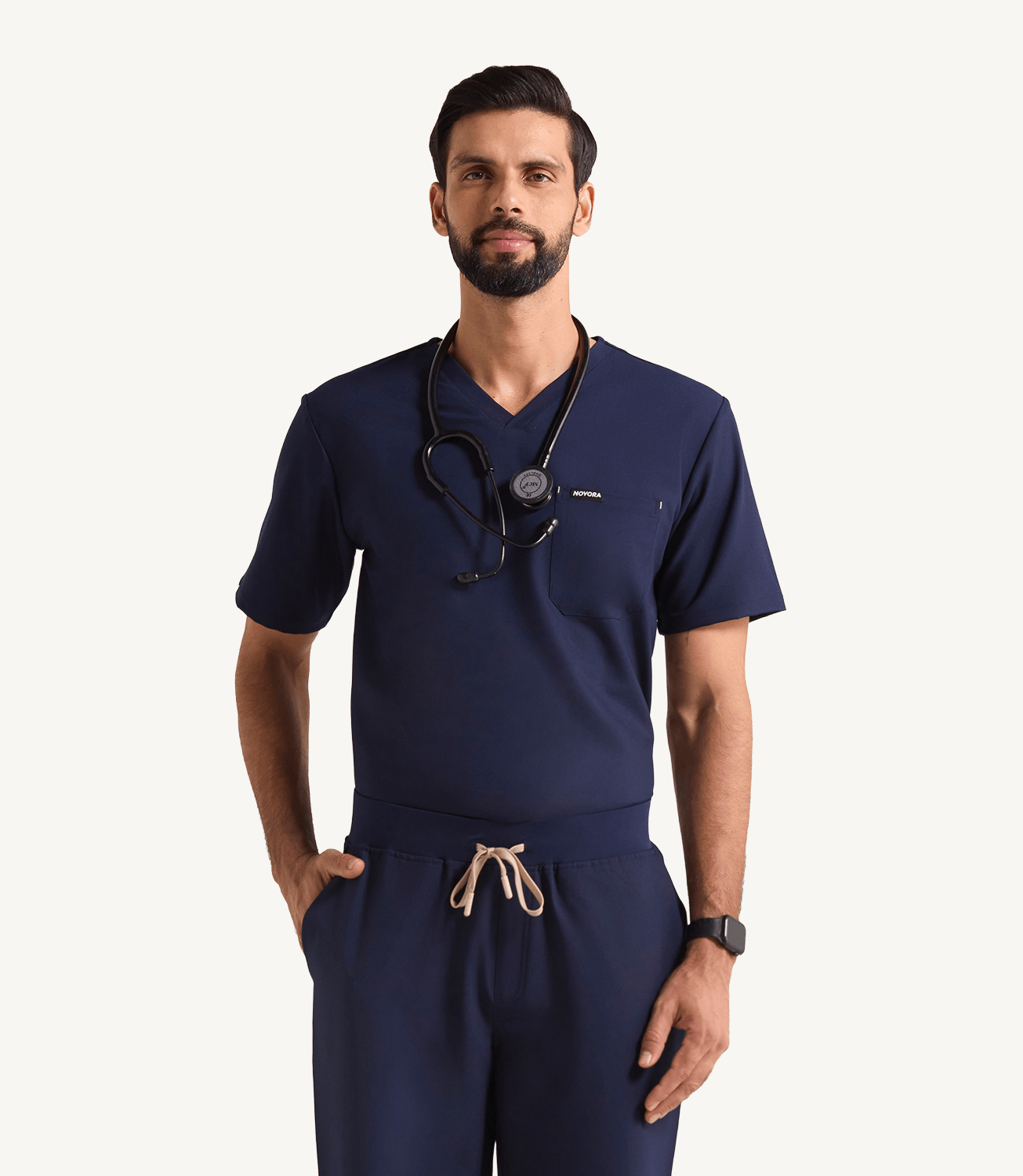 Men Midnight Blue 5 Pocket Scrubs Stretch Fabric Eco Tech Tuck In Front Focus