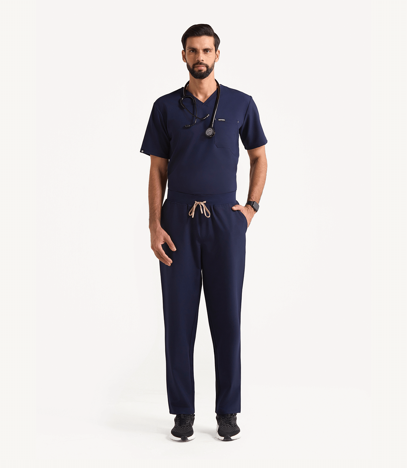 Men Midnight Blue 5 Pocket Scrubs Stretch Fabric Eco Tech Tuck In Full Front