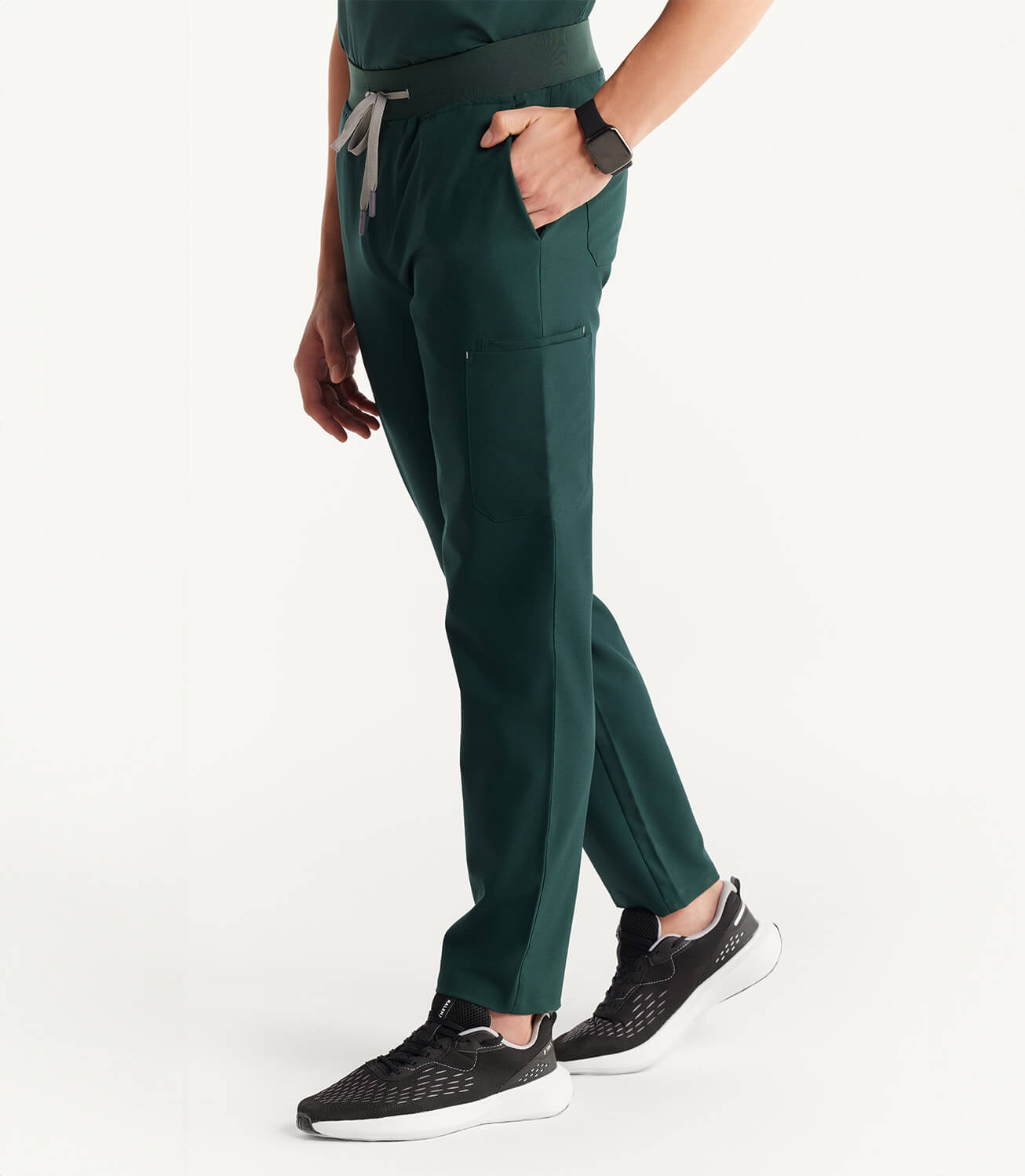 Men Midnight Green 11 Pocket Scrubs Stretch Fabric Eco Tech Bottom Left Leg Focus