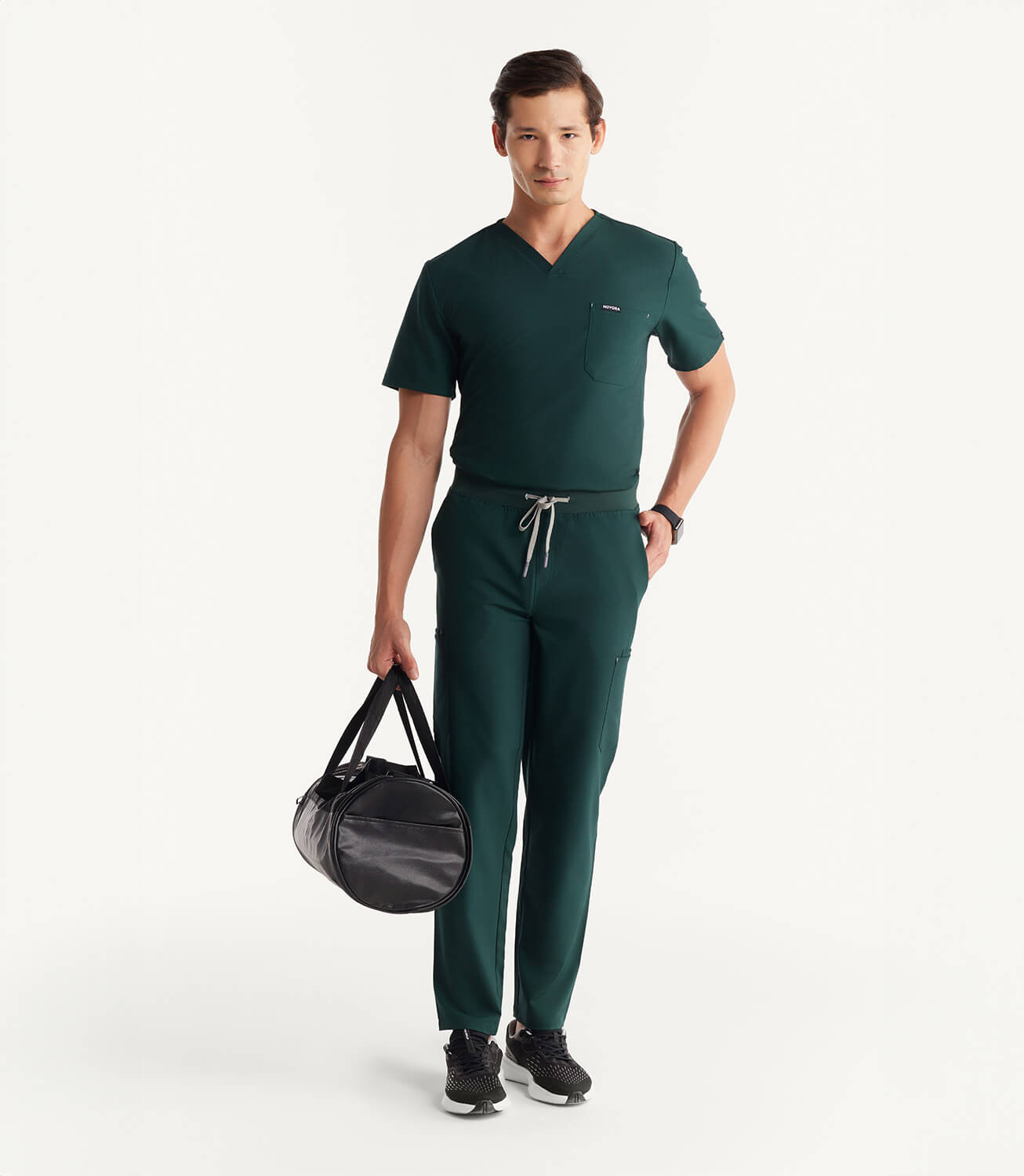 Men Midnight Green 11 Pocket Scrubs Stretch Fabric Eco Tech Full Front