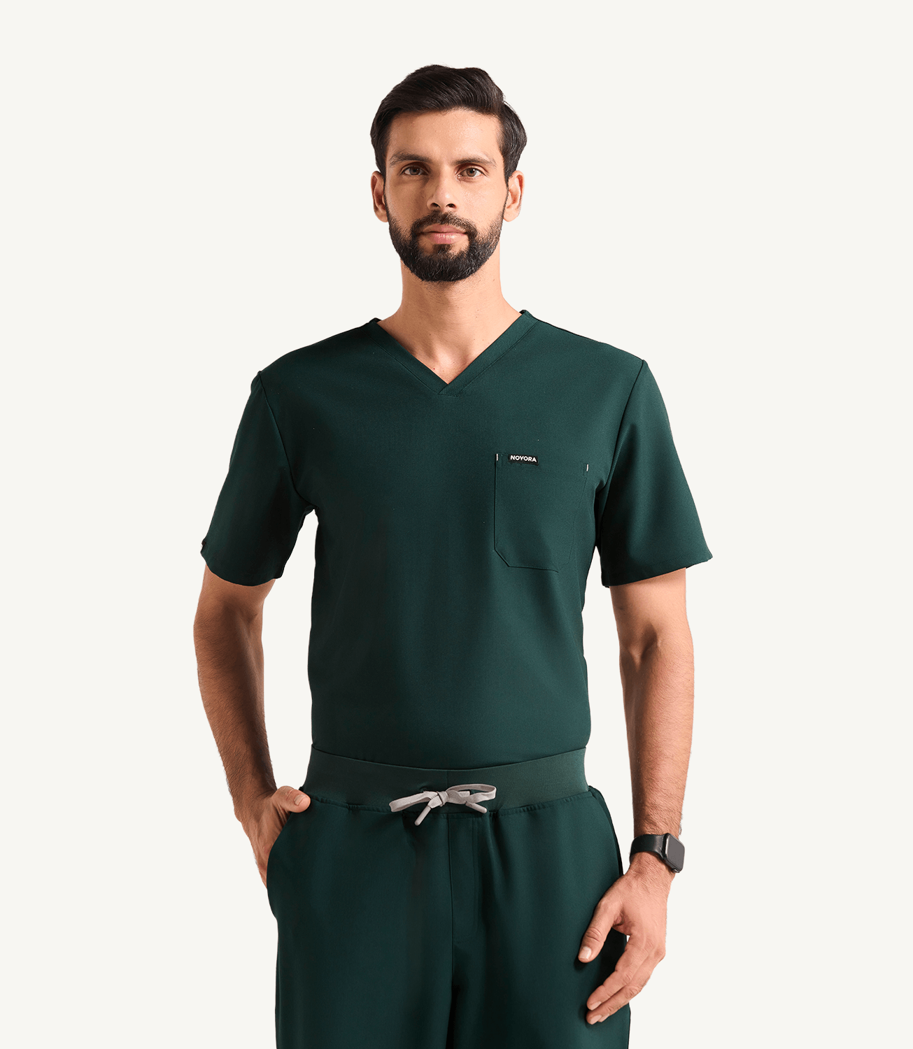 Men Midnight Green 5 Pocket Scrubs Stretch Fabric Eco Tech Tuck In Front Focus