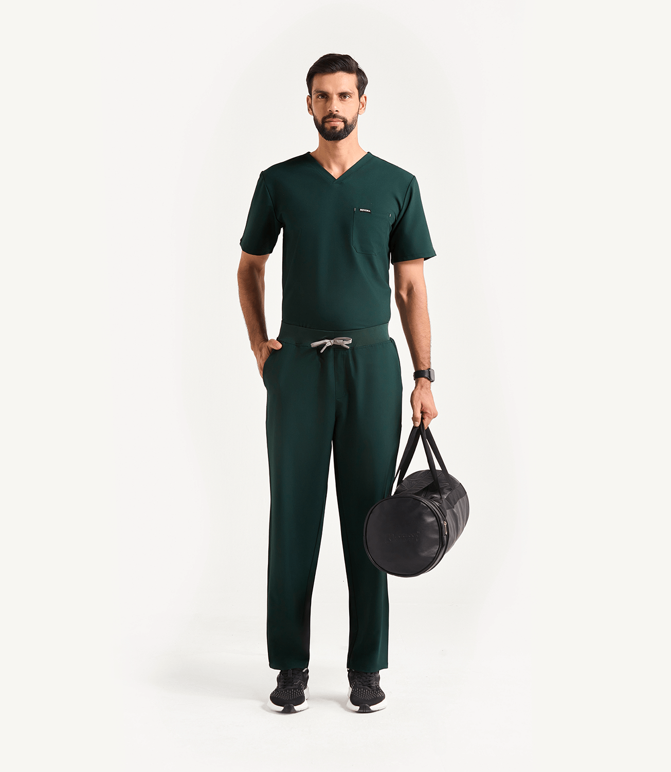Men Midnight Green 5 Pocket Scrubs Stretch Fabric Eco Tech Tuck In Full Front
