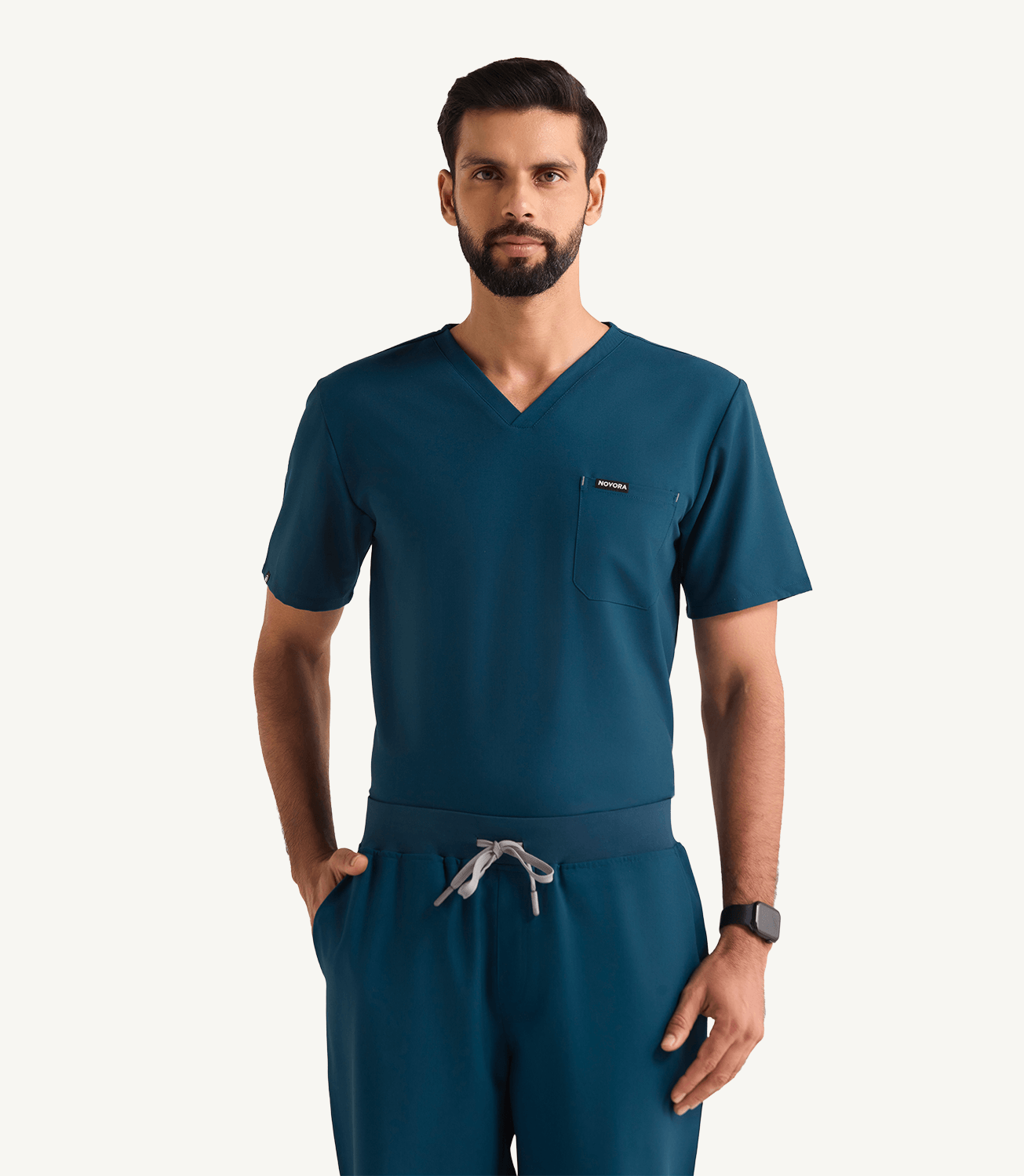 Men Midnight Teal 5 Pocket Scrubs Stretch Fabric Eco Tech Tuck In Front Focus