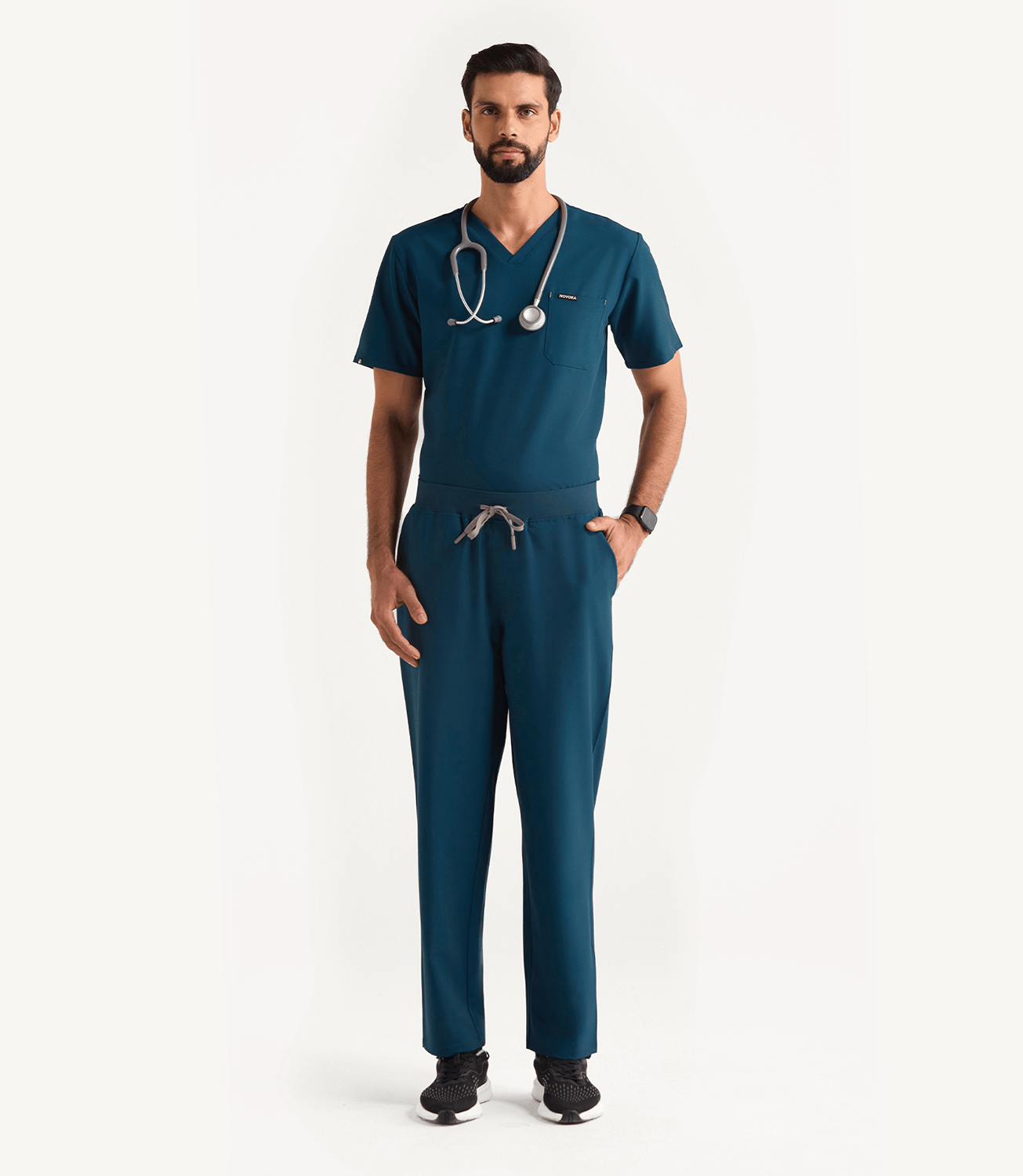 Men Midnight Teal 5 Pocket Scrubs Stretch Fabric Eco Tech Tuck In Full Front
