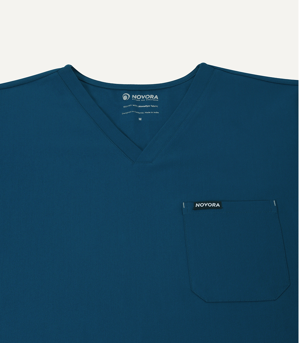 Men Midnight Teal 5 Pocket Scrubs Stretch Fabric Eco Tech Tuck In Top Bar Tack Focus