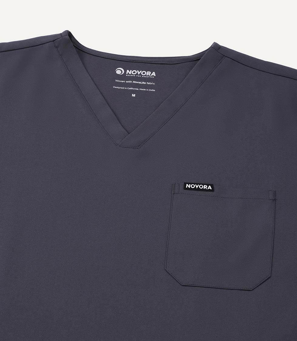 Men Slate Grey 5 Pocket Scrubs Stretch Fabric Technical Label Focus