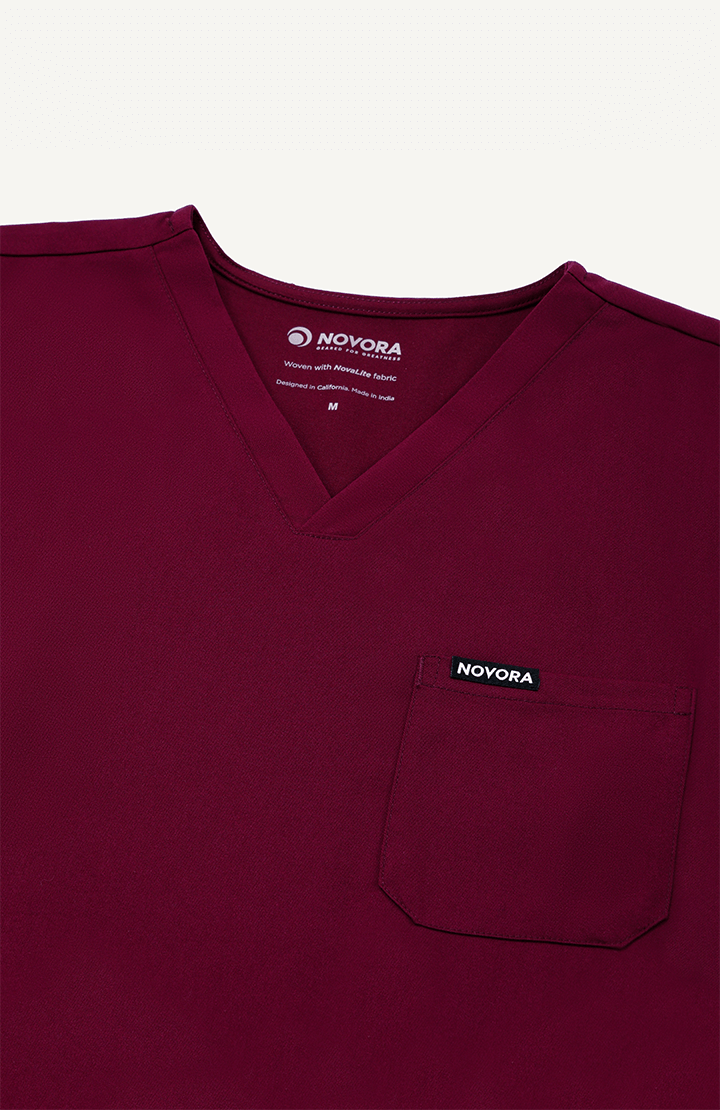Men Women Burgundy 5 Pocket Scrubs Stretch Fabric Technical Label Focus