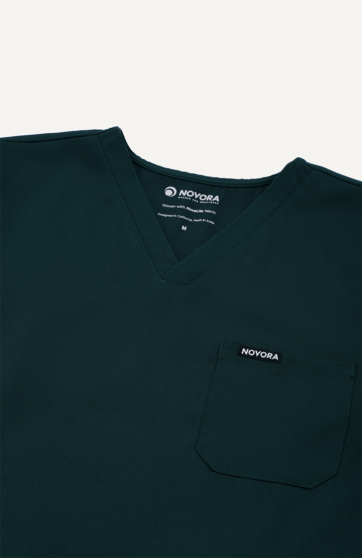 Men Women Forest Green 5 Pocket Scrubs Stretch Fabric Technical Label Focus