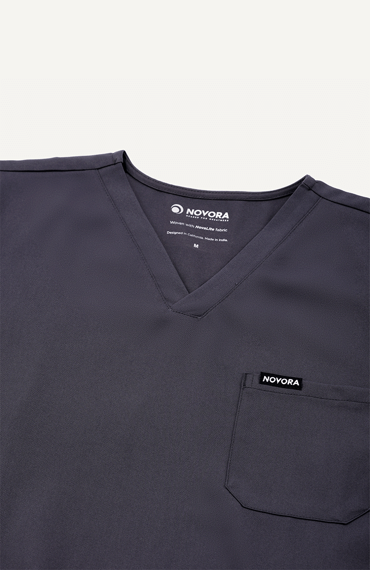 Men Women Slate Grey 5 Pocket Scrubs Stretch Fabric Technical Label Focus