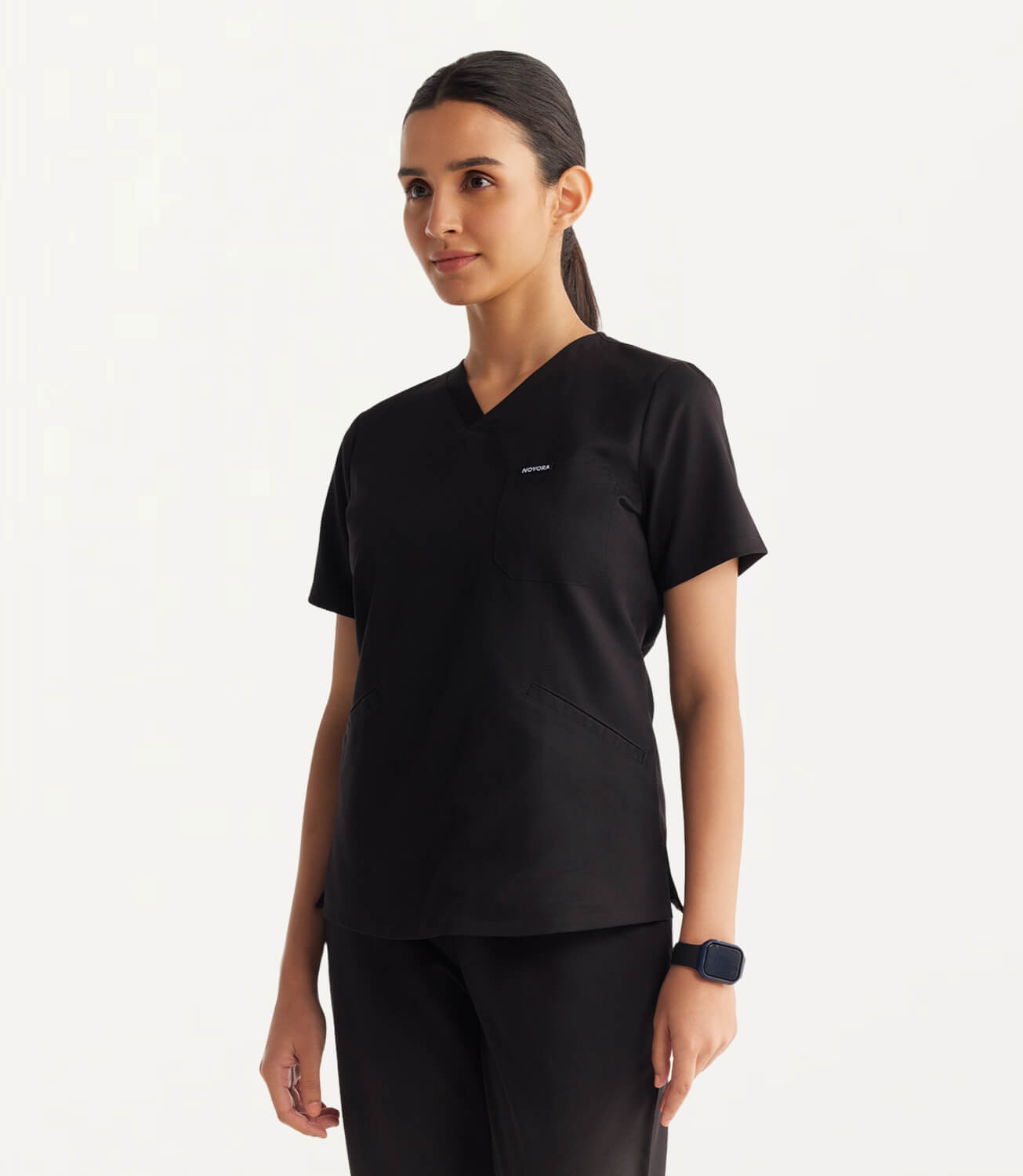 Women Black 5 Pocket Scrubs Stretch Fabric Technical Front Focus