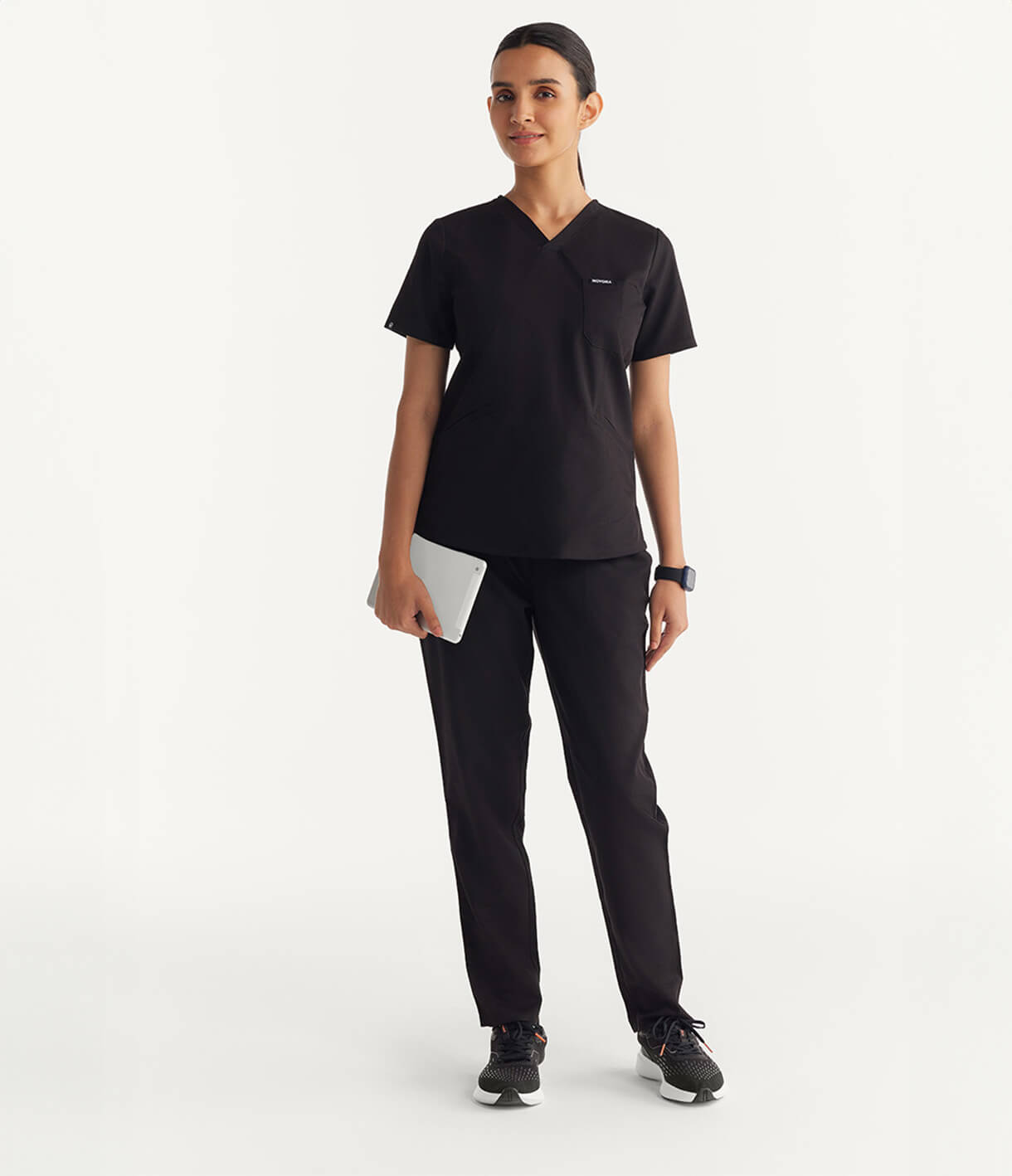 Women Black 5 Pocket Scrubs Stretch Fabric Technical Full Front