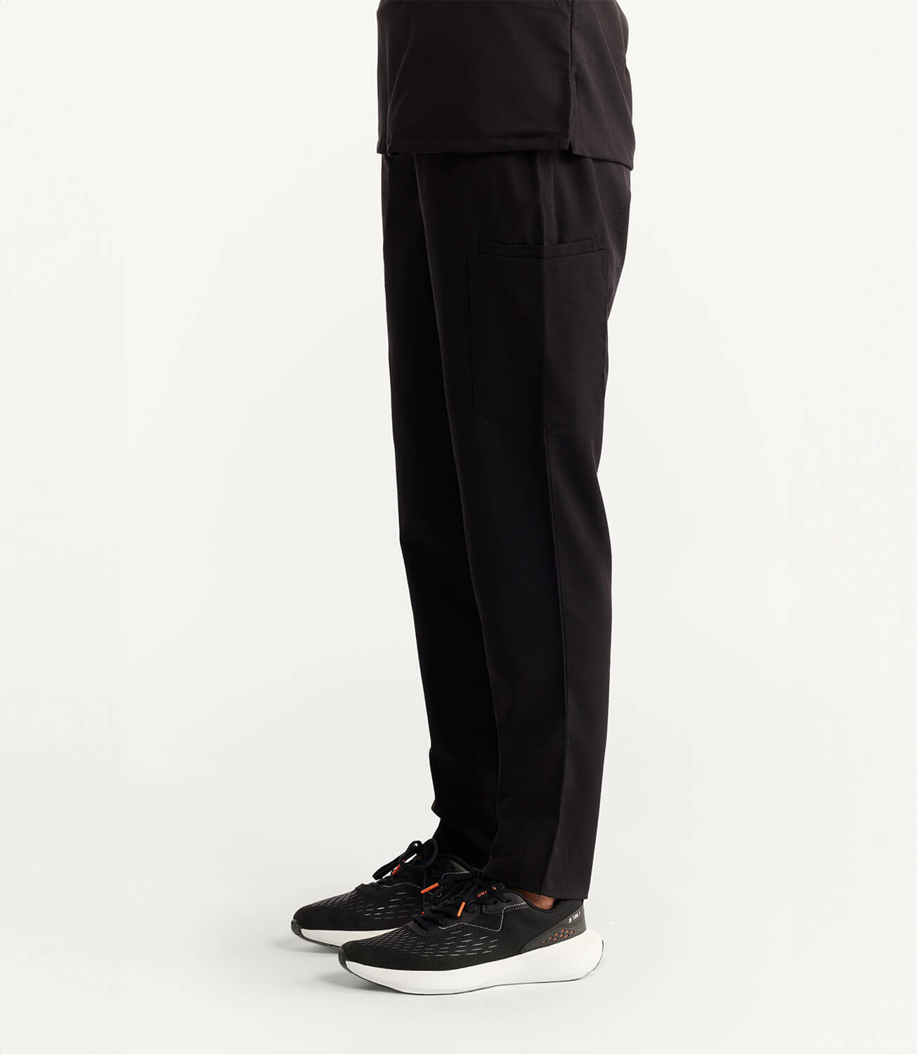 Women Black 11 Pocket Scrubs Stretch Fabric Util Tech Bottom Left Leg Focus