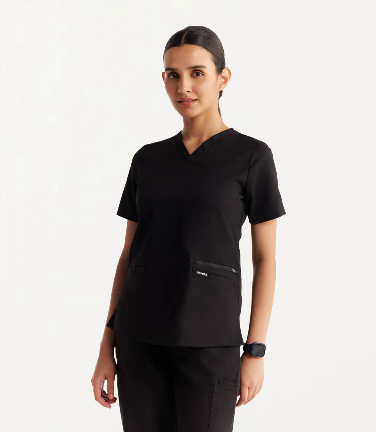 Women Black 11 Pocket Scrubs Stretch Fabric Util Tech Front Focus