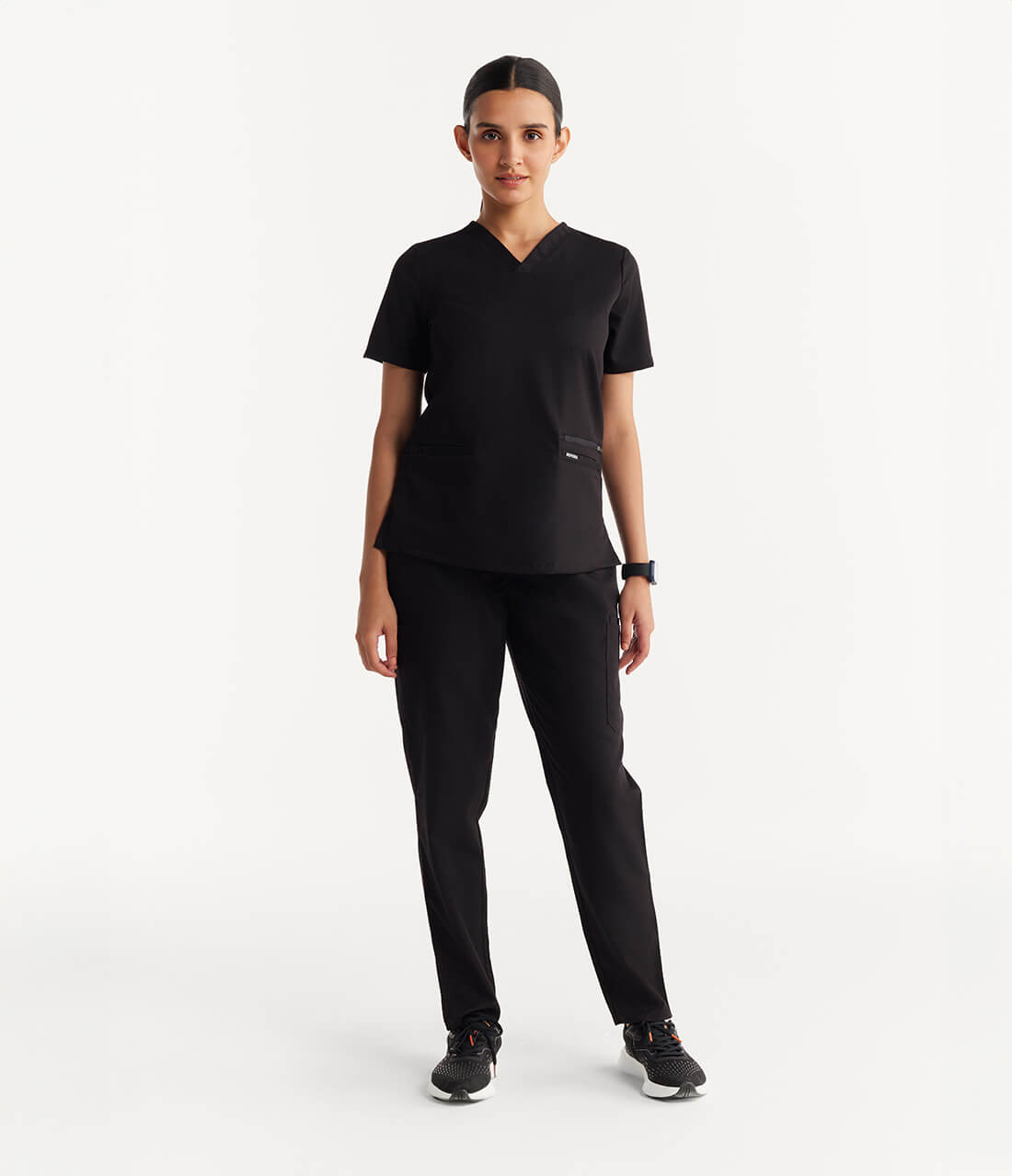 Women Black 11 Pocket Scrubs Stretch Fabric Util Tech Full Front