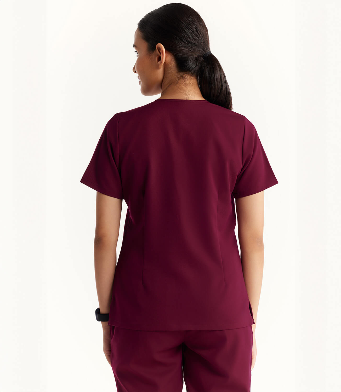 Women Burgundy 5 Pocket Scrubs Stretch Fabric Technical Back Focus