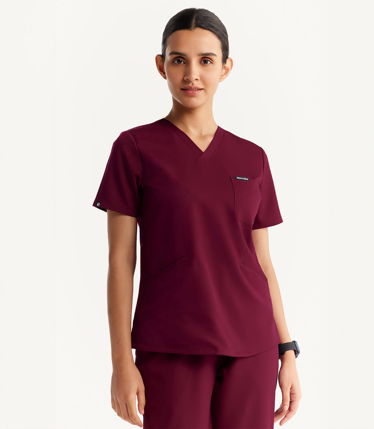 Women Burgundy 5 Pocket Scrubs Stretch Fabric Technical Front Focus