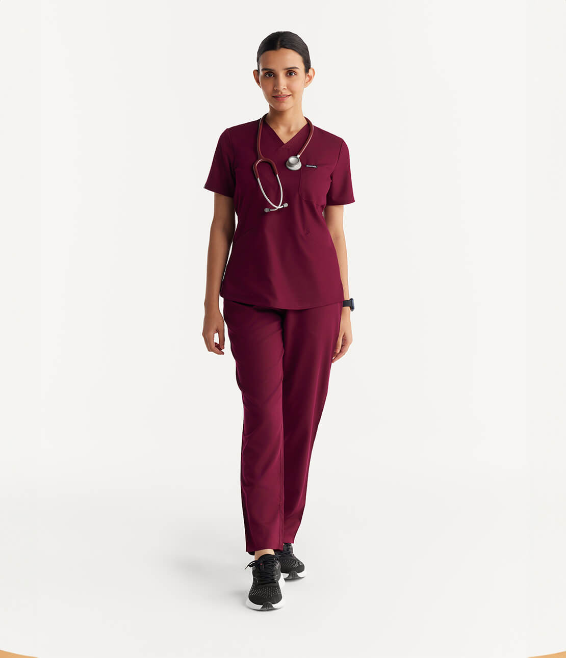 Women Burgundy 5 Pocket Scrubs Stretch Fabric Technical Full Front