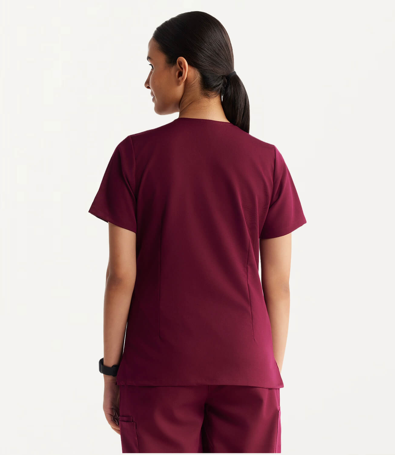 Women Burgundy 11 Pocket Scrubs Stretch Fabric Util Tech Back Focus