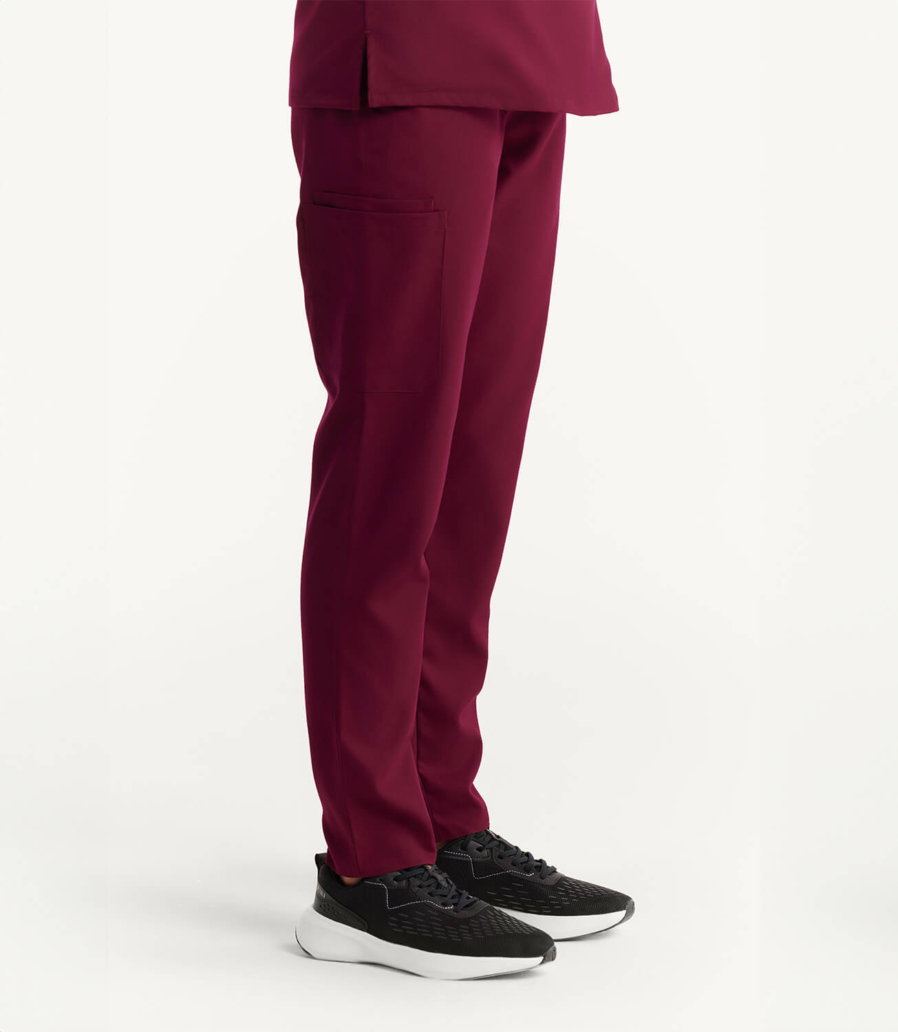 Women Burgundy 11 Pocket Scrubs Stretch Fabric Util Tech Bottom Right Leg Focus