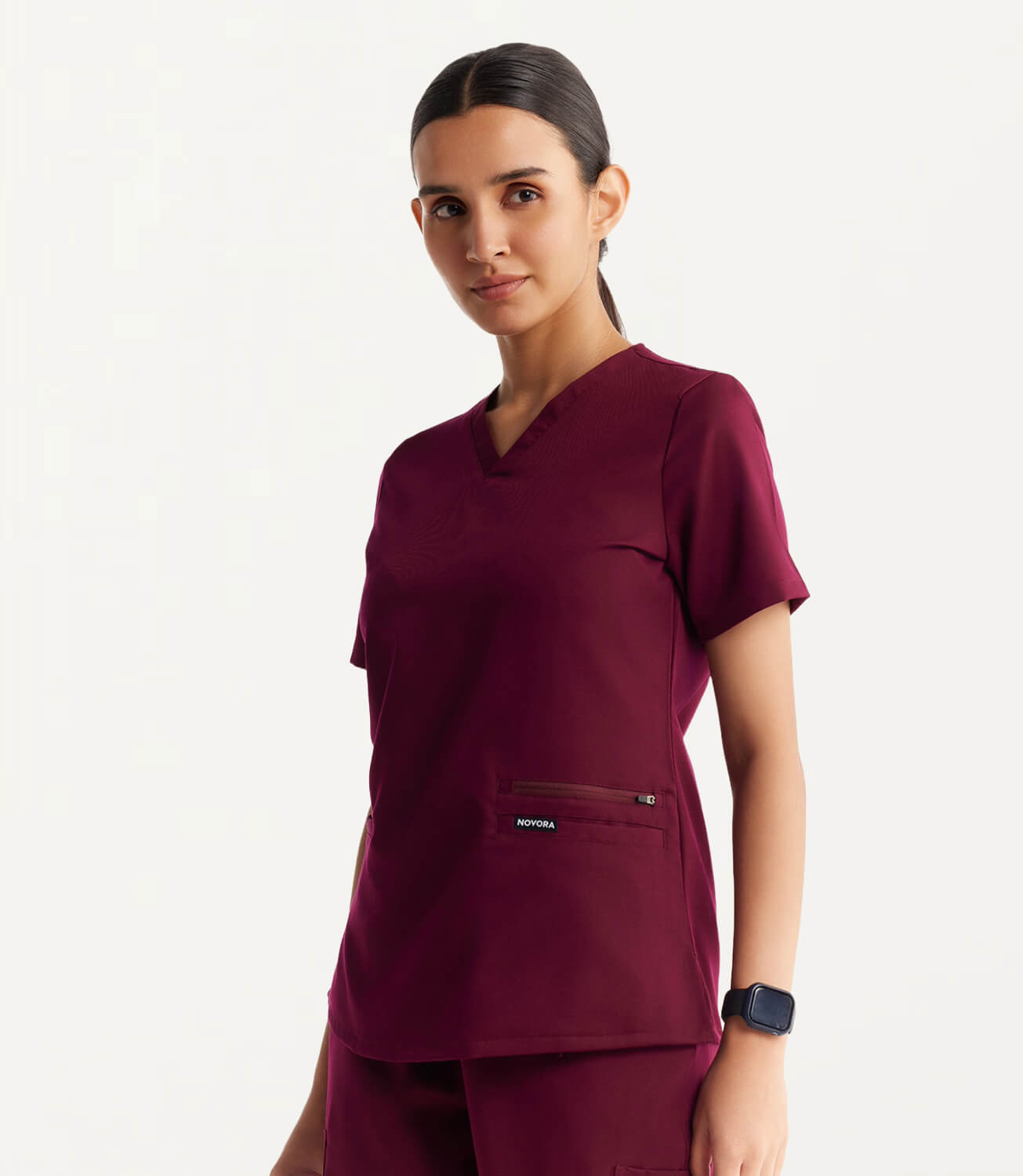 Women Burgundy 11 Pocket Scrubs Stretch Fabric Util Tech Front Focus