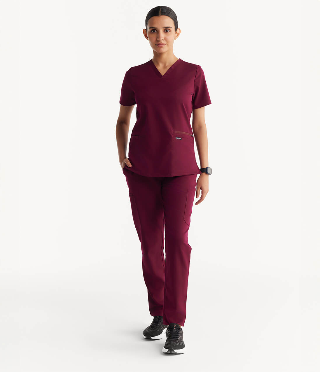 Women Burgundy 11 Pocket Scrubs Stretch Fabric Util Tech Full Front