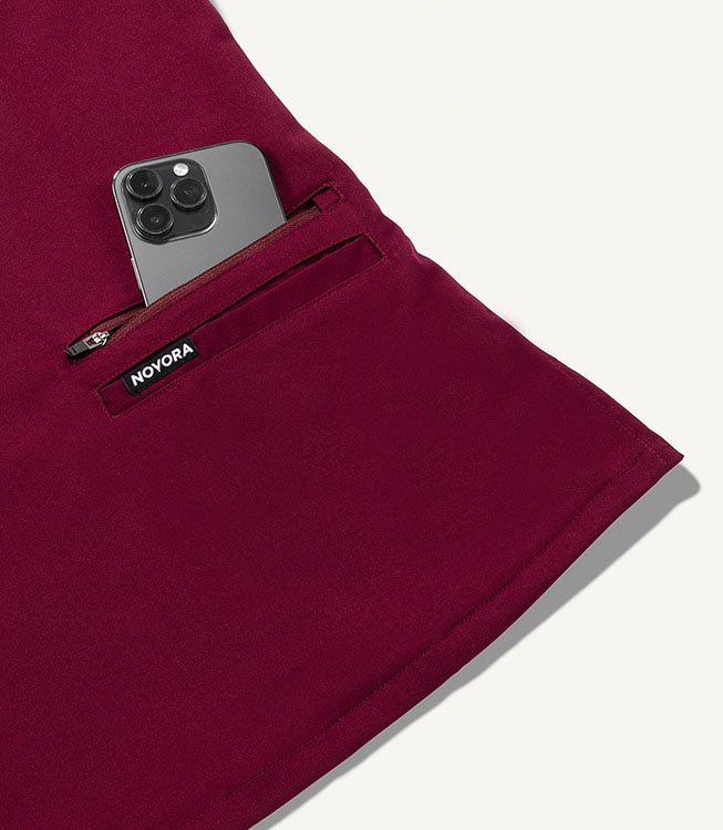 Women Burgundy 11 Pocket Scrubs Stretch Fabric Util Tech Zip Pocket Focus