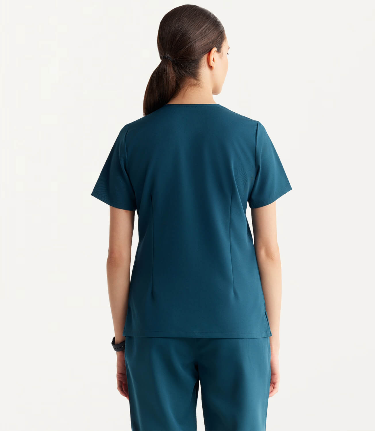 Women Caribbean Blue 5 Pocket Scrubs Stretch Fabric Technical Back Focus