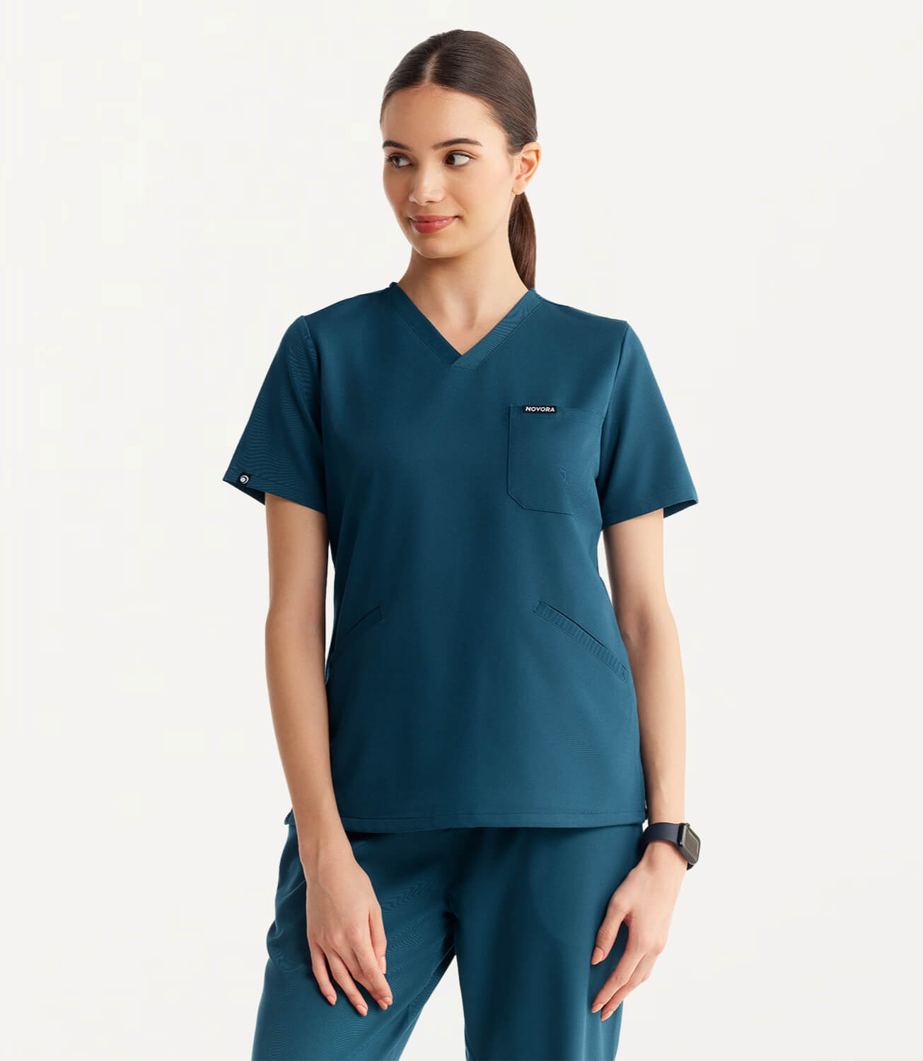 Women Caribbean Blue 5 Pocket Scrubs Stretch Fabric Technical Front Focus