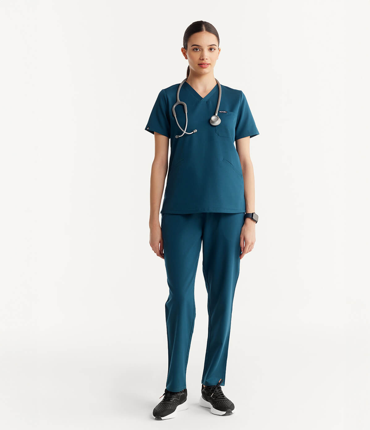 Women Caribbean Blue 5 Pocket Scrubs Stretch Fabric Technical Full Front
