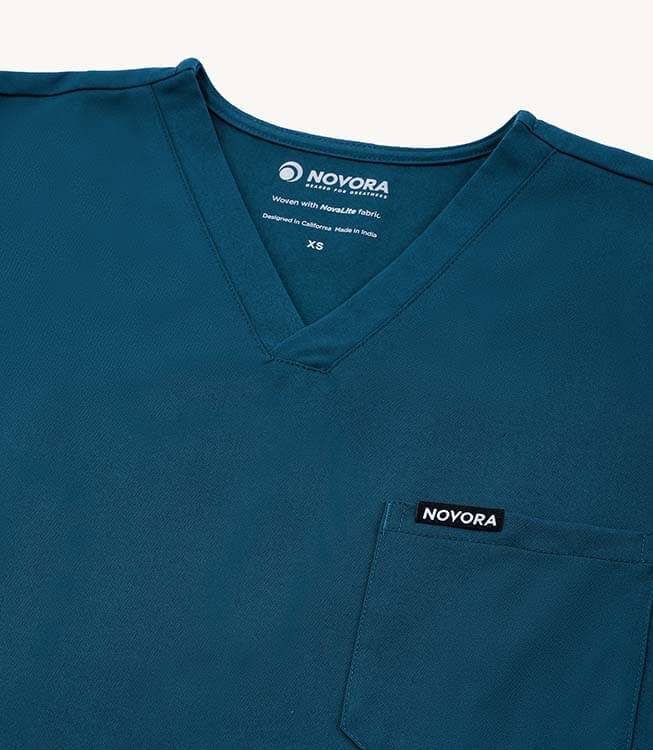 Women Caribbean Blue 5 Pocket Scrubs Stretch Fabric Technical Label Focus