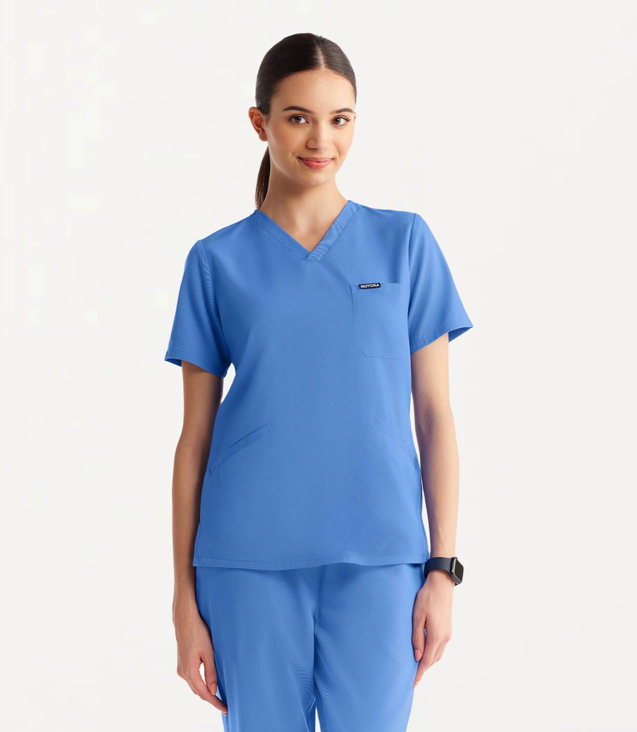 Women Ceil Blue 5 Pocket Scrubs Stretch Fabric Technical Front Focus