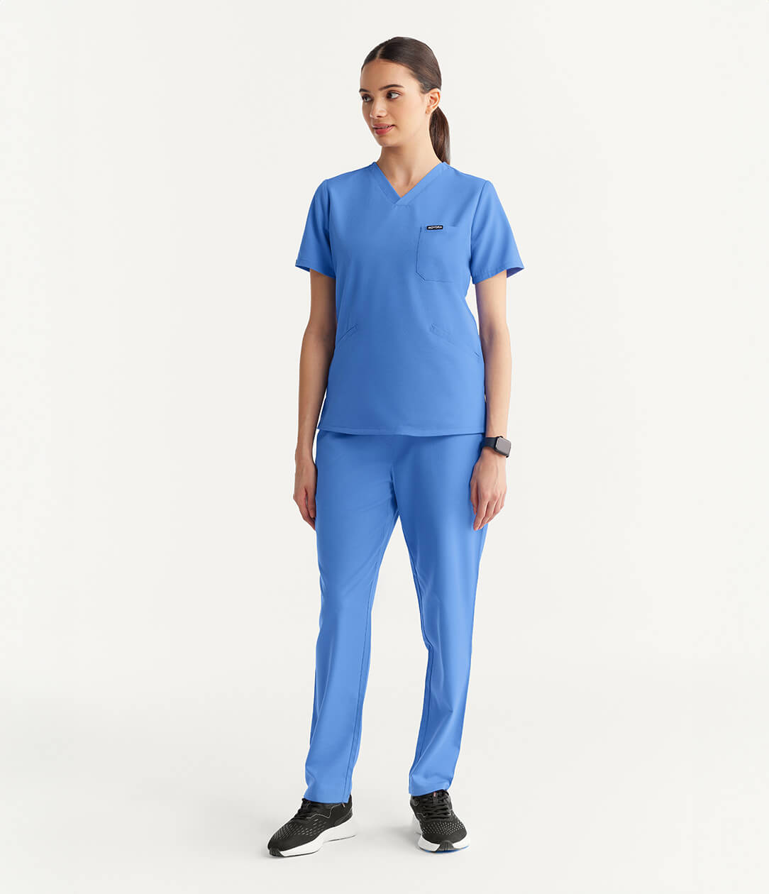 Women Ceil Blue 5 Pocket Scrubs Stretch Fabric Technical Full Front