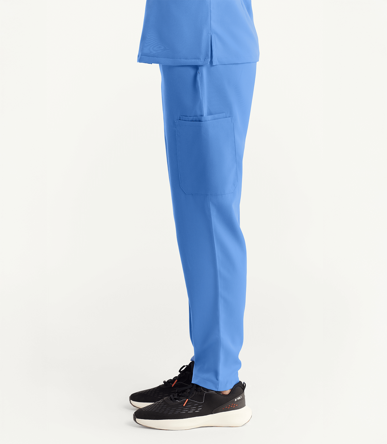 Women Ceil Blue 11 Pocket Scrubs Stretch Fabric Util Tech Bottom Left Leg Focus