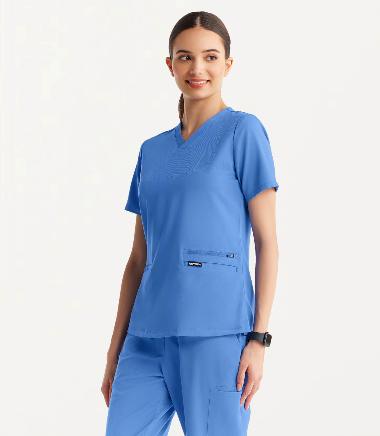 Women Ceil Blue 11 Pocket Scrubs Stretch Fabric Util Tech Front Focus