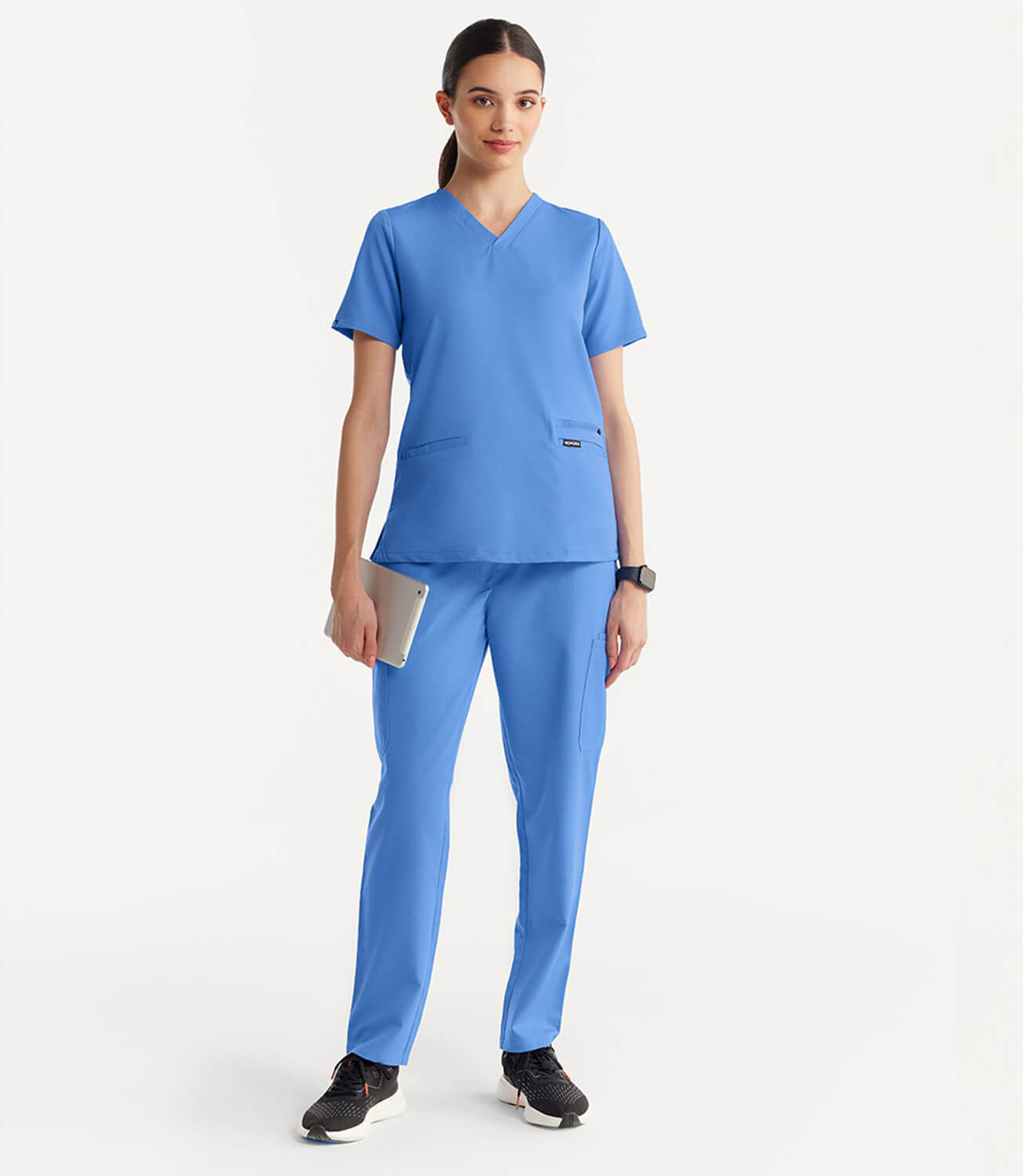 Women Ceil Blue 11 Pocket Scrubs Stretch Fabric Util Tech Full Front