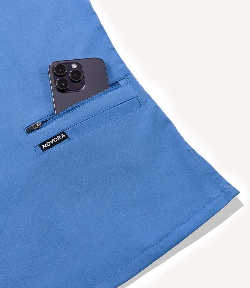 Women Ceil Blue 11 Pocket Scrubs Stretch Fabric Util Tech Zip Pocket Focus