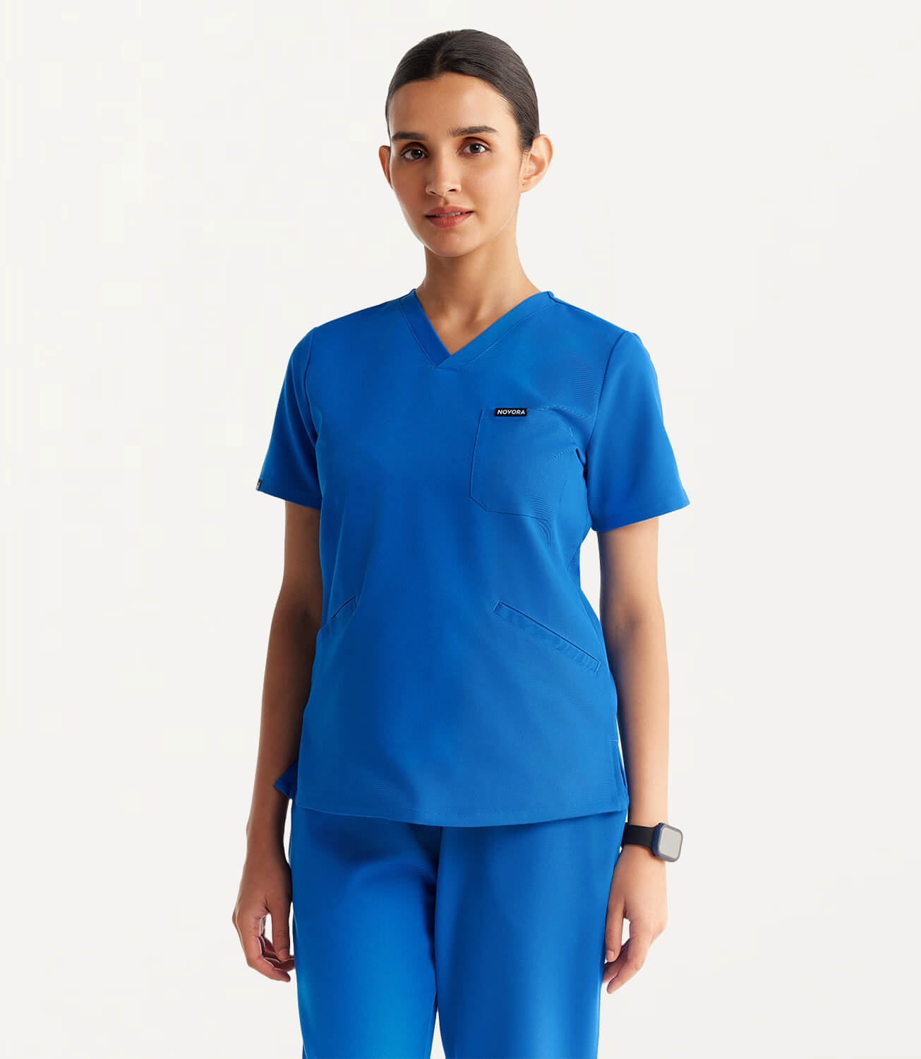Women Electric Blue 5 Pocket Scrubs Stretch Fabric Technical Front Focus