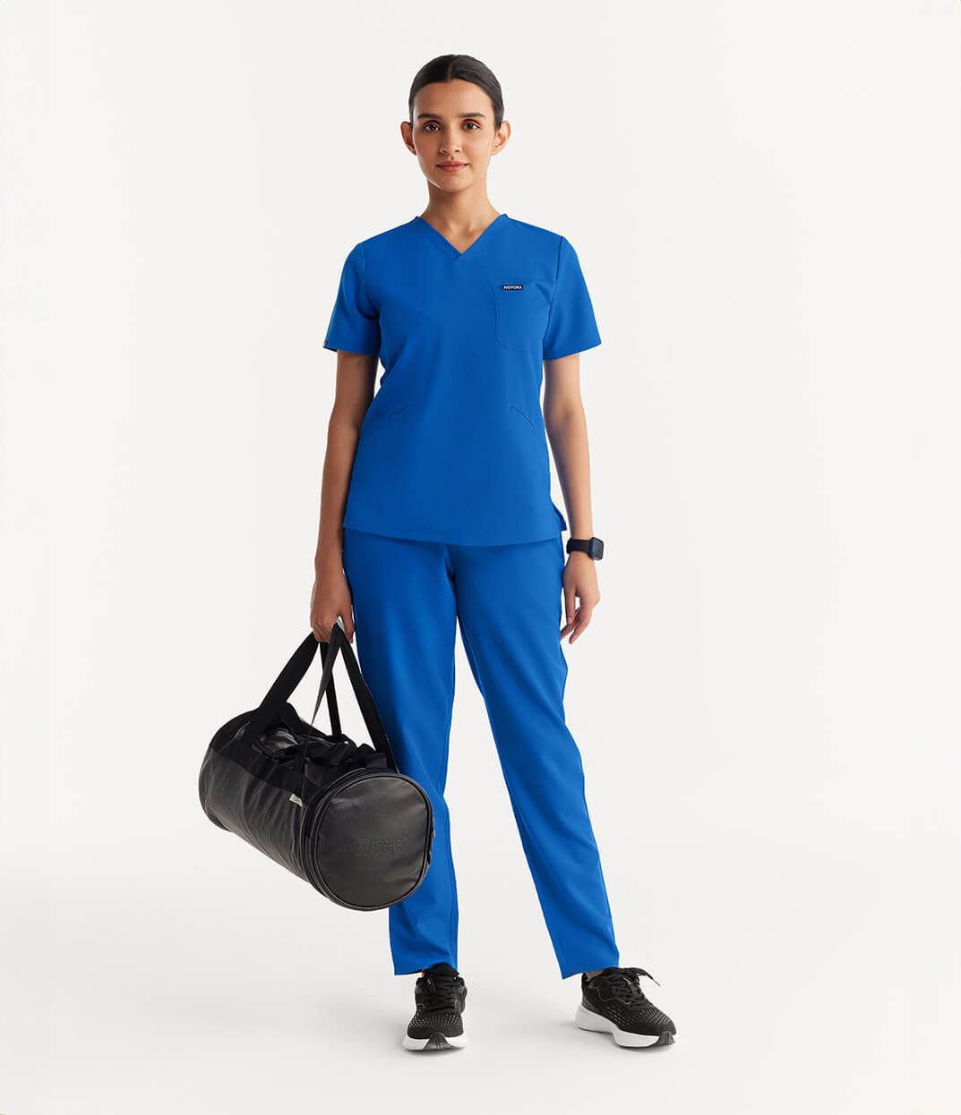 Women Electric Blue 5 Pocket Scrubs Stretch Fabric Technical Full Front