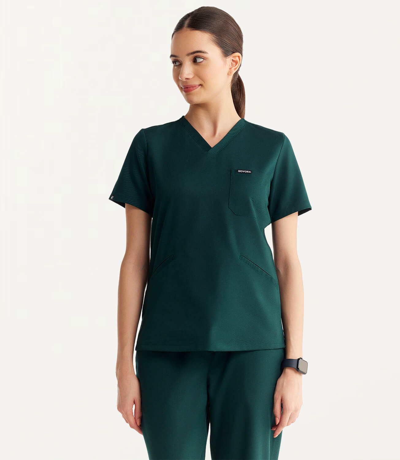 Women Forest Green 5 Pocket Scrubs Stretch Fabric Technical Front Focus