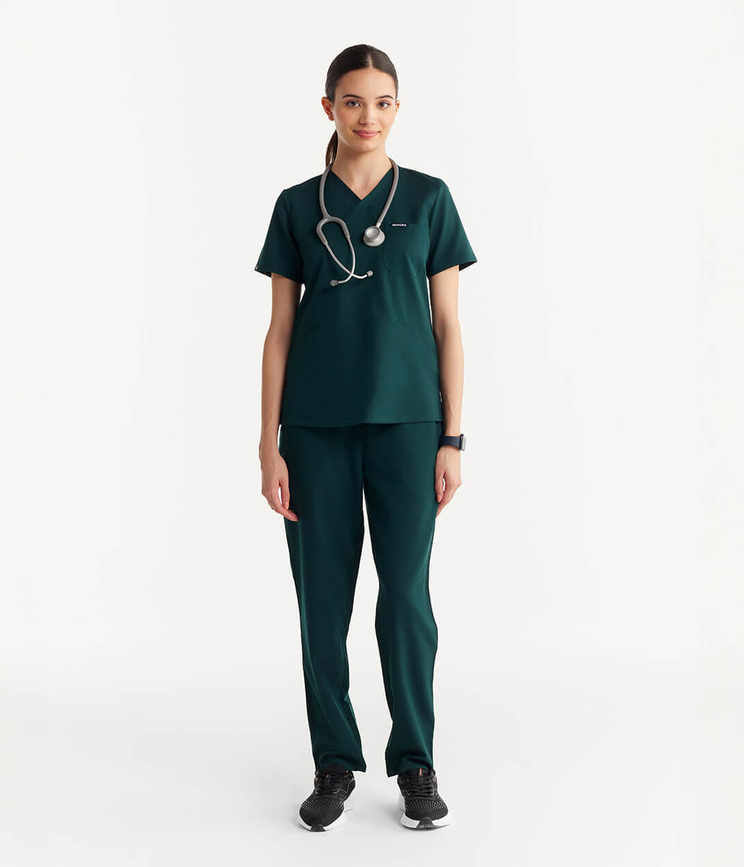 Women Forest Green 5 Pocket Scrubs Stretch Fabric Technical Full Front