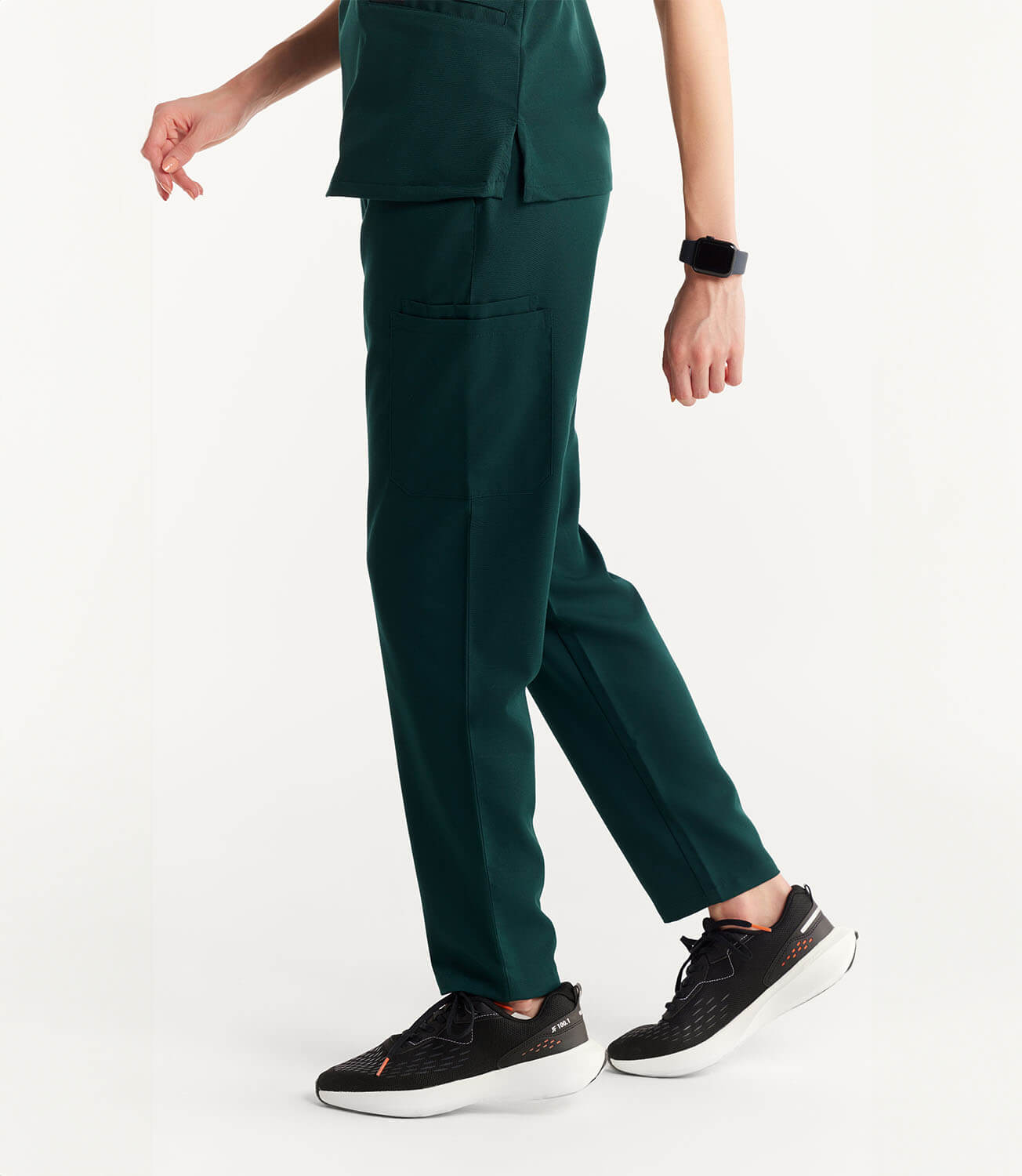 Women Forest Green 11 Pocket Scrubs Stretch Fabric Util Tech Bottom Left Leg Focus